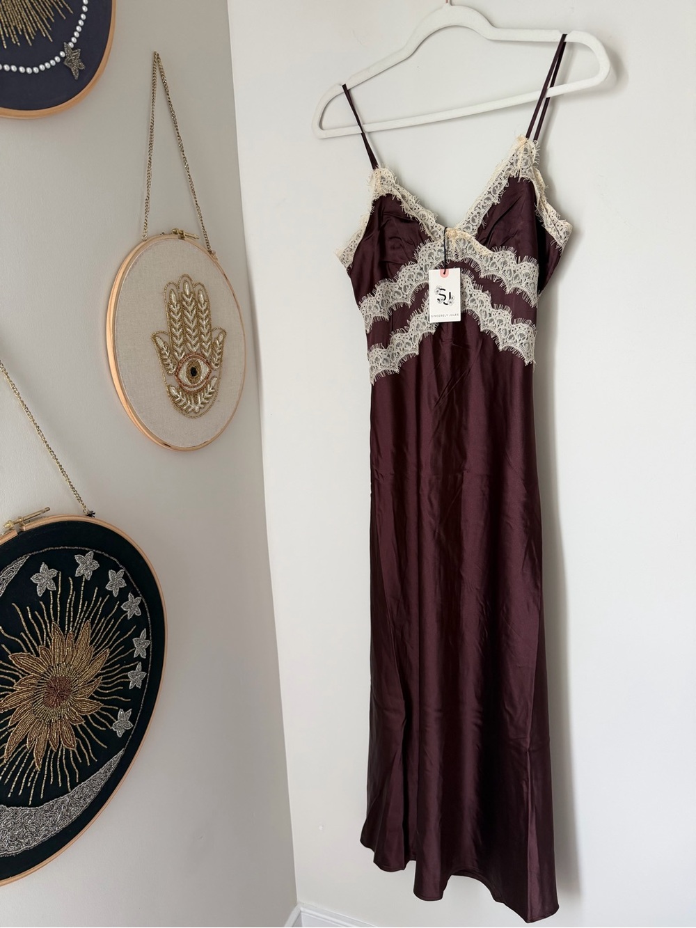 Dark brown cream lace trim spaghetti strap Maxi Slip Dress